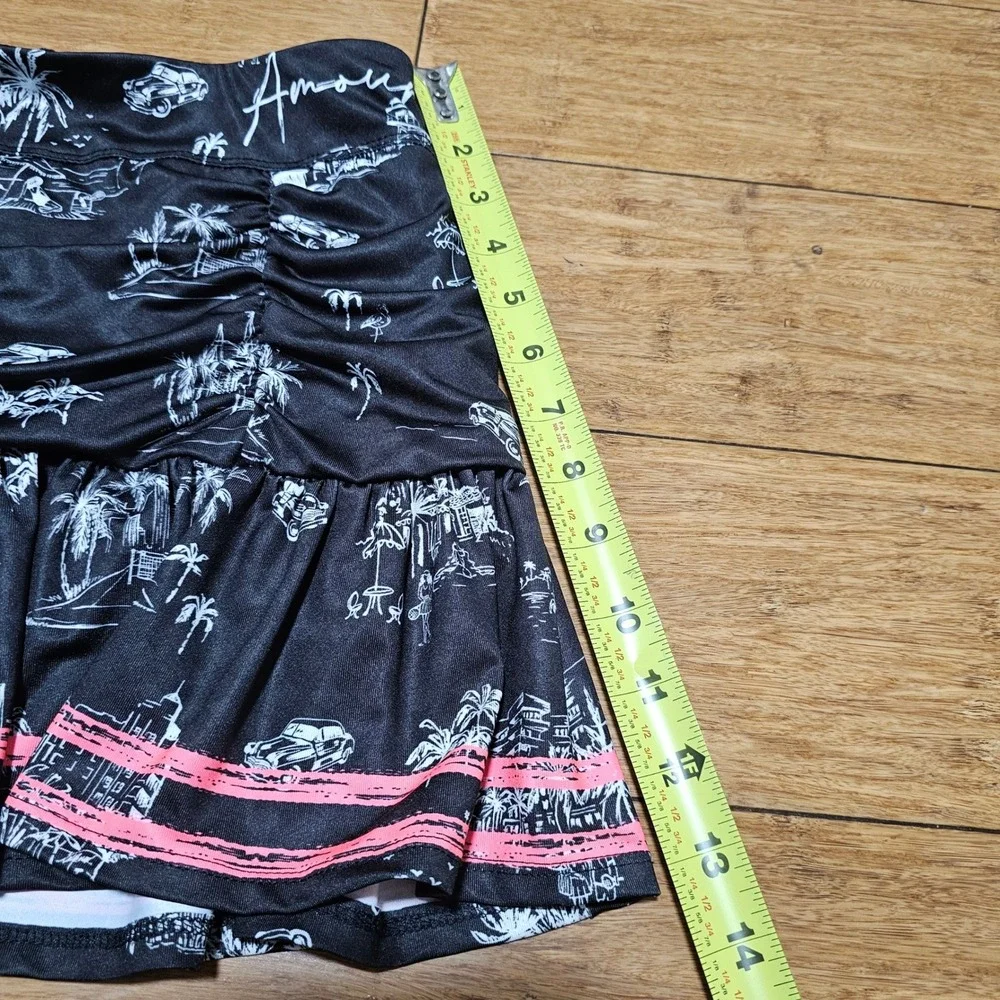 Lucky in‎ Love Tennis Skort Women S Black Tropical Toile Ruched Ruffle